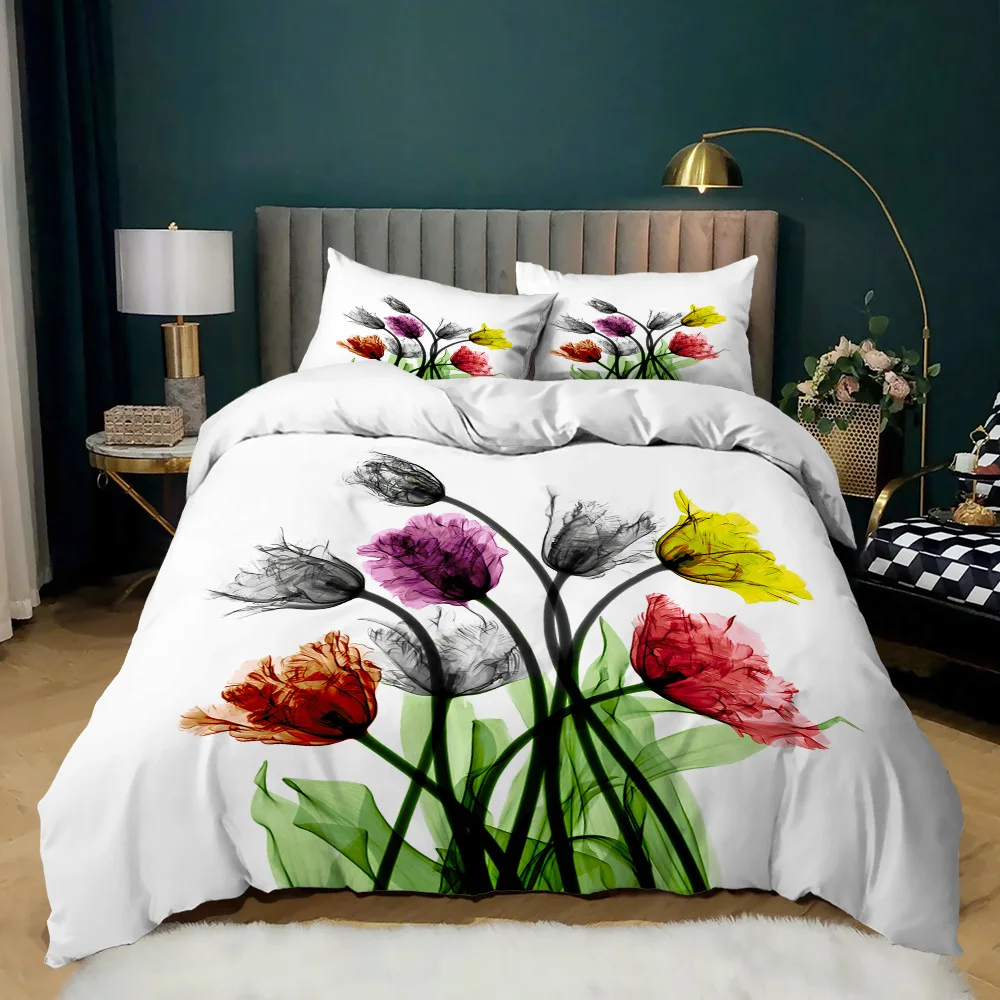 Morning Glory Duvet Cover for Girls Women,Purple Floral with Branch Quilt Cover Set King/Queen Size with Two Pillowcases,White
