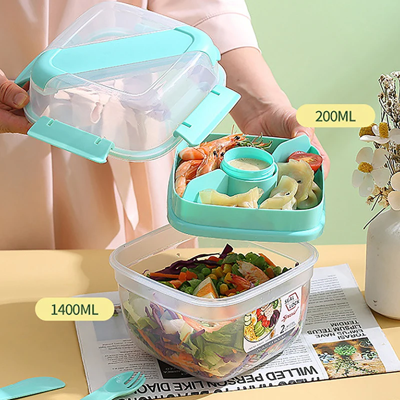 2 Layer Salad Bowls With Knife Fork 1300/1600 Ml Lunch Box Sealed Leakproof Bento Boxes Reusable Picnic Box Food Container