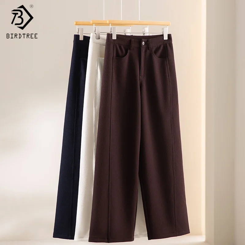 

Прямые мягкие брюки из смесовой шерсти Birdtree, женские брюки с карманами и высокой талией, повседневные брюки осень/зима 2025, белые, кофейные T5O030JF