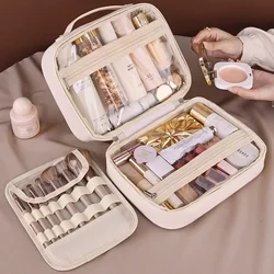 Makeup Bag PU Leather Double Layer Clear Cosmetic Bag Large Capacity Luxury Cosmetics Organizer Women's Travel Essentials