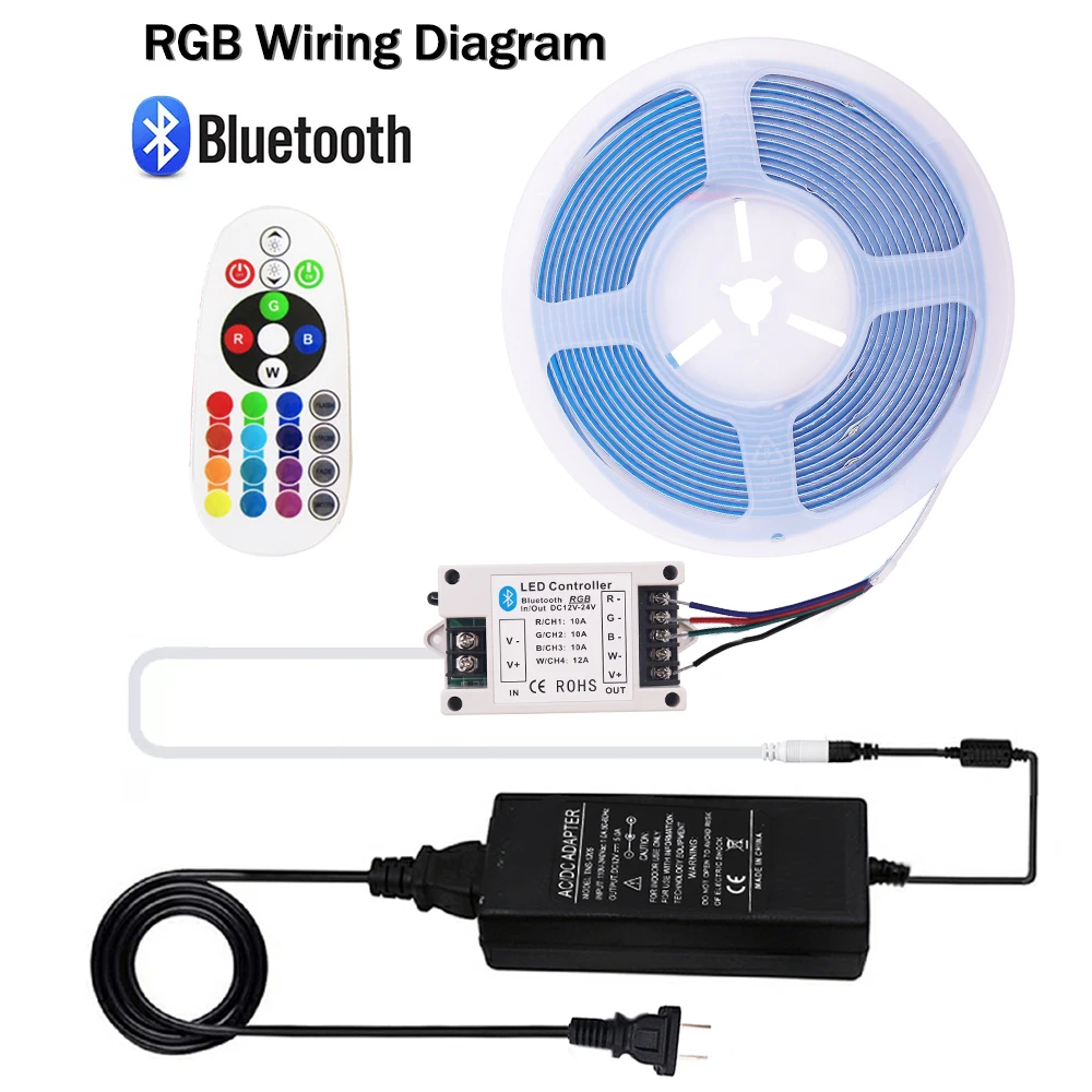Tira de luces LED RGB RGBW RGBWW COB con Control remoto DC12V/24V, cinta LED COB compatible con Bluetooth, Cinta Lineal COB con Kit de alimentación