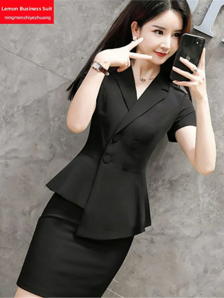 Elegant Black Short Sleeve Suit Set for Women Jewelry Hotel Front Desk Work Uniform High Quality Fashionable Business Wear
