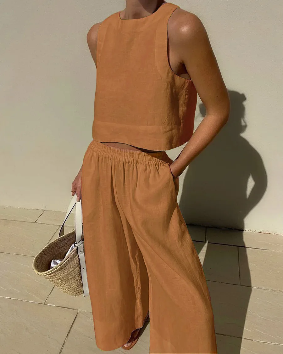 Summer Loose Cotton Linen Set Women Summer O Neck Sleeveless Tank Top +Wide Leg Pants Two Piece Sets Casual Harajuku Style Suit