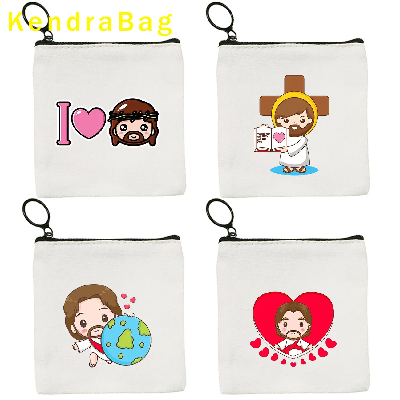 Cartoon Jesus Christ Floral Cross Love Faith Cute Christian Bible Belief Gift Canvas Coin Purse Key Case Bag Wallet Zipper Pouch