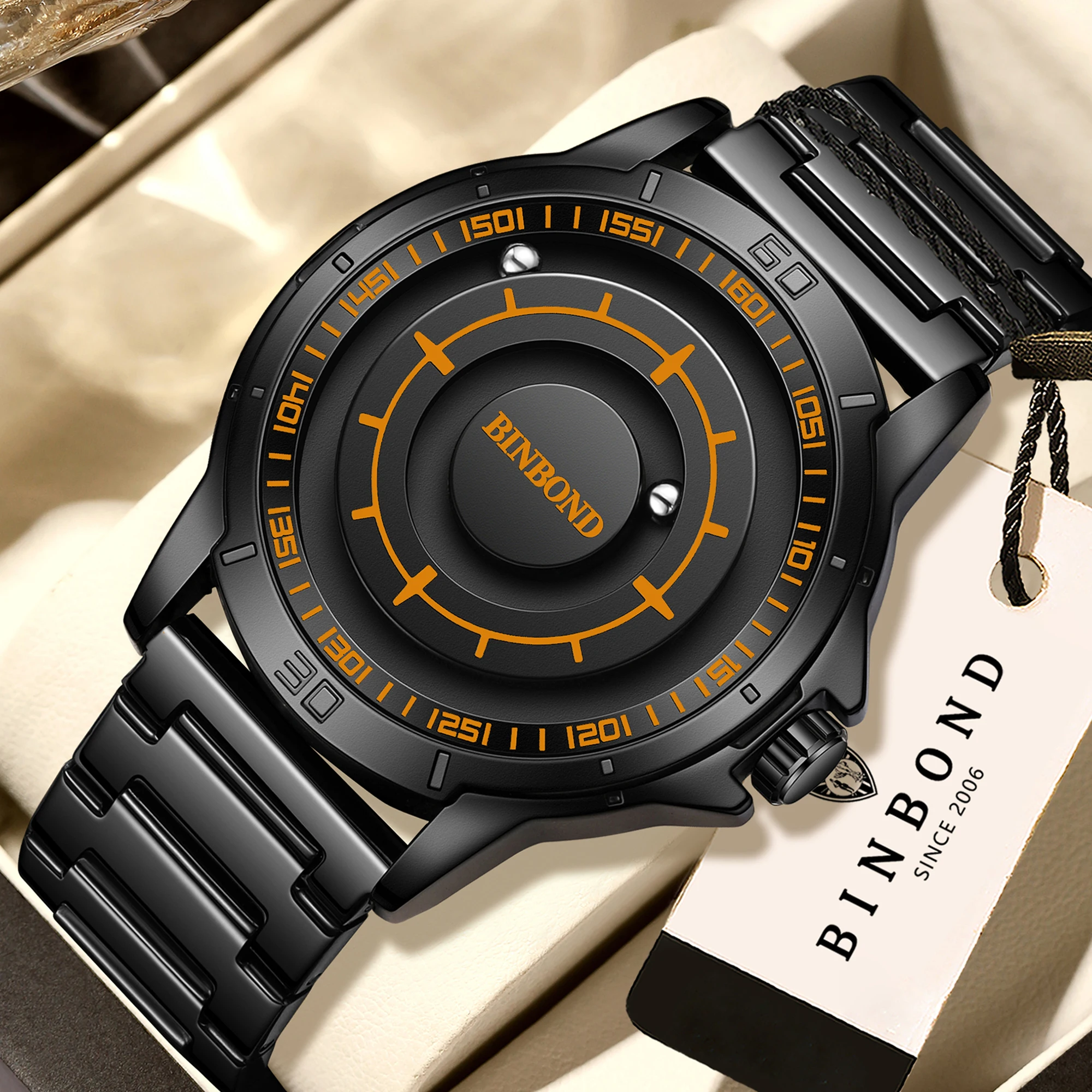 Relojes de pulsera de cuarzo con fuerza magnética originales BINBOND para hombre, reloj de hombre a prueba de agua, reloj de lujo de acero inoxidable para hombre.