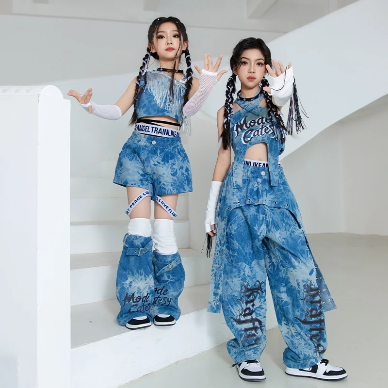 2025 Kpop bleu Jazz danse vêtements filles enfants Hip Hop Performance Costume mode défilé Concert scène vêtements été BL15522
