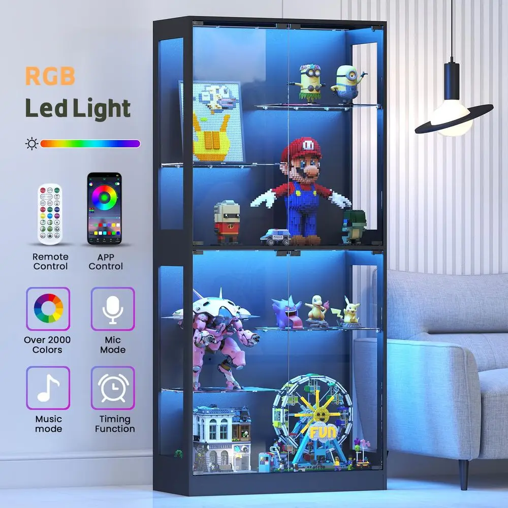 Display Cabinet with Glass Doors 69 Curio Cabinet for Collectibles with RGB LED Lights and Adjustable Shelves, Glass Display Ca view 4