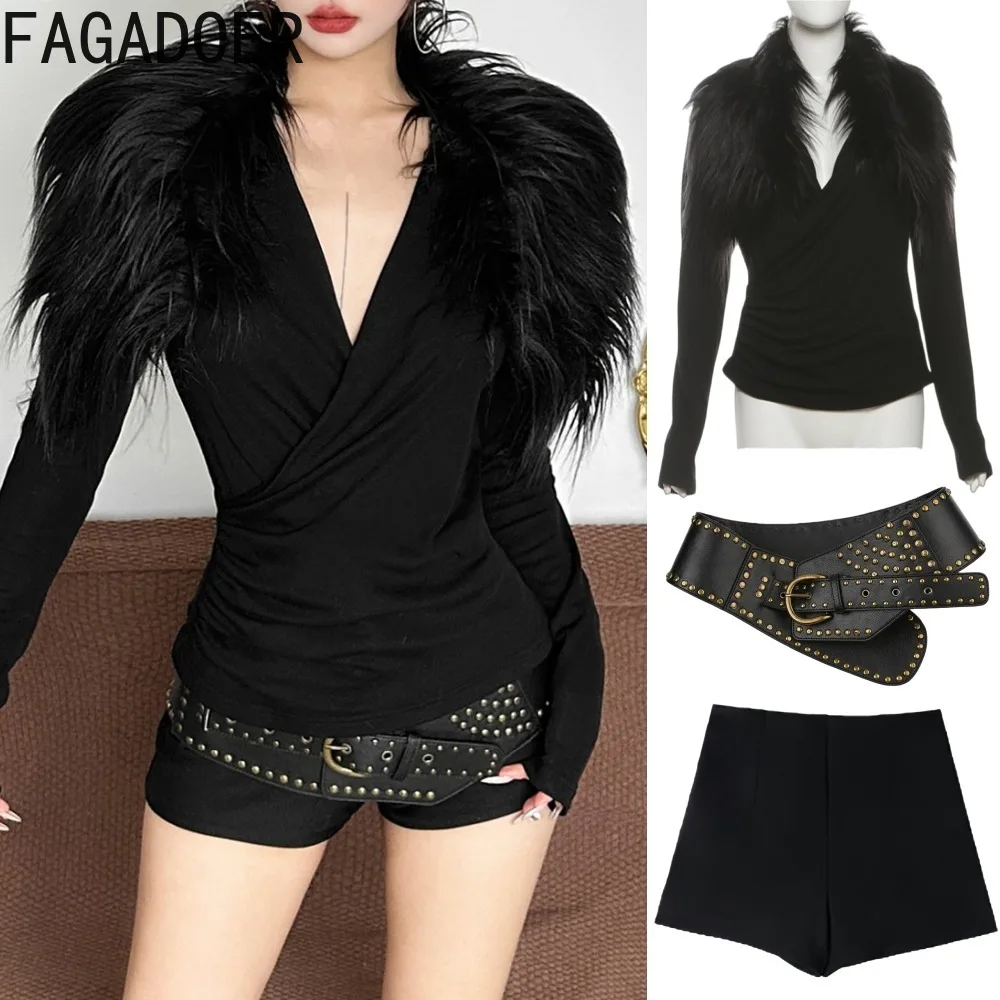 

FAGADOER Winter Sexy Woman 3 Piece Set Outfit Solid Color Long Sleeve Fur Patchwork Crop Top + Shorts + Belt Female Streetwear
