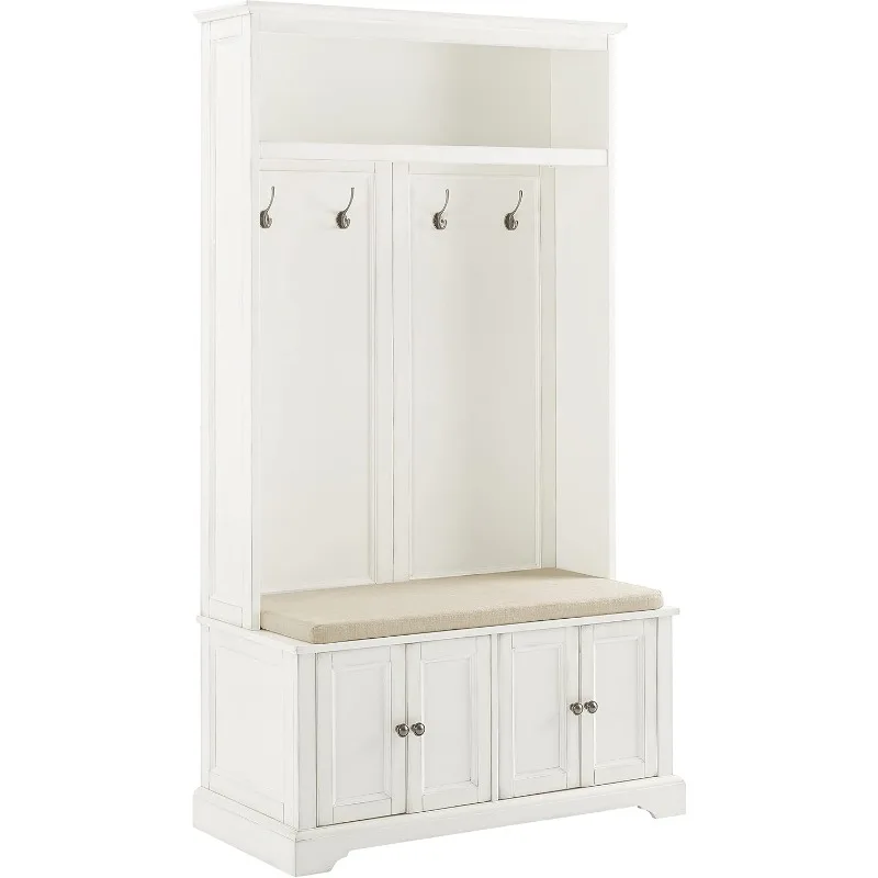 Holbrook Hall Tree with Shoe Rack Bench and Coat Hooks for Hanging Storage, Distressed White