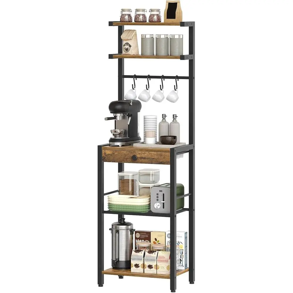 

5-Tier Coffee Bar Station with Pod Holder, Rustic Brown and Black Kitchen Storage Rack