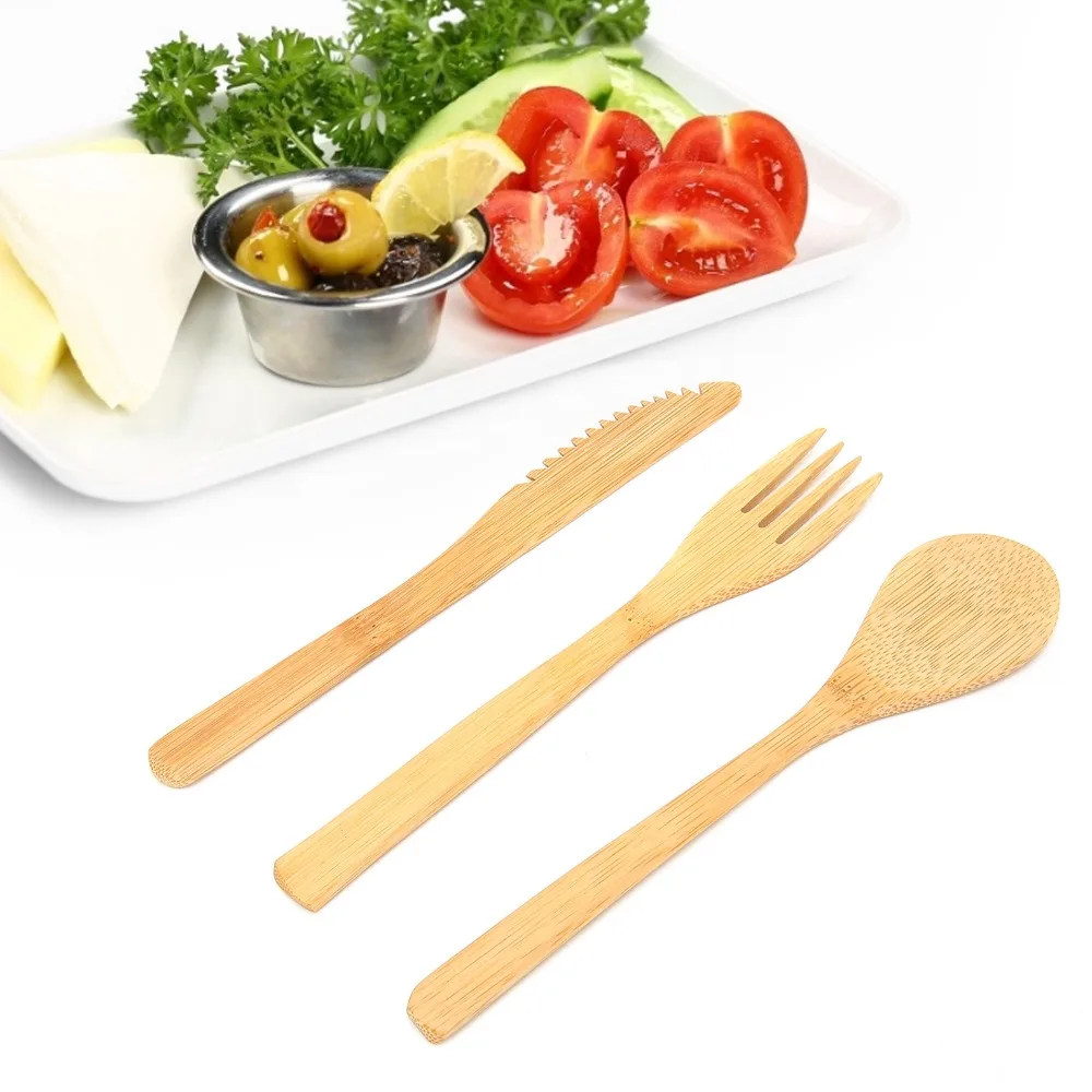 6Pcs Bamboos Eating Set Multi Piece Combination Smooth Sanded Dining Utensil Bamboos Grain Texture Practical Fork Spoon Kit