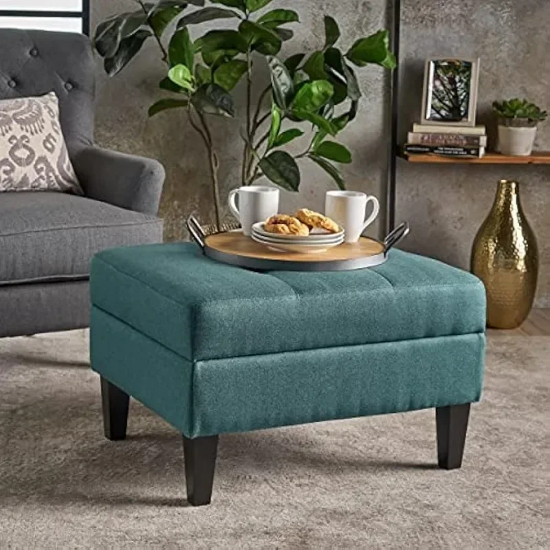 Fabric Storage Ottoman Teal / Dark Brown Portable Stool Furniture