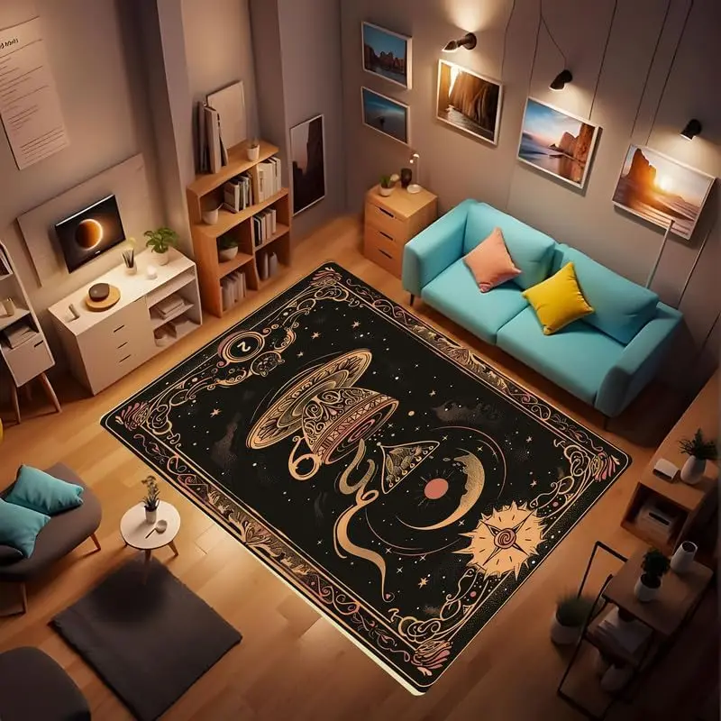 Retro Mysterious Space Stars Celestial Design Elements Coffee Gorgeous Luxury Tarot Carpet, Soft and Comfortable Flannel Fabric
