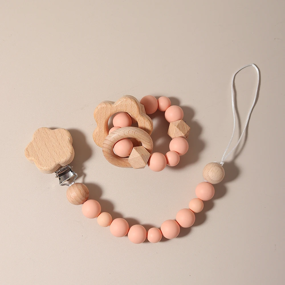 New Baby Pacifier Chain Clips Wood Bird Teether Silicone Round Beads Teething Chain Soother Chew Toys pacifier chain set