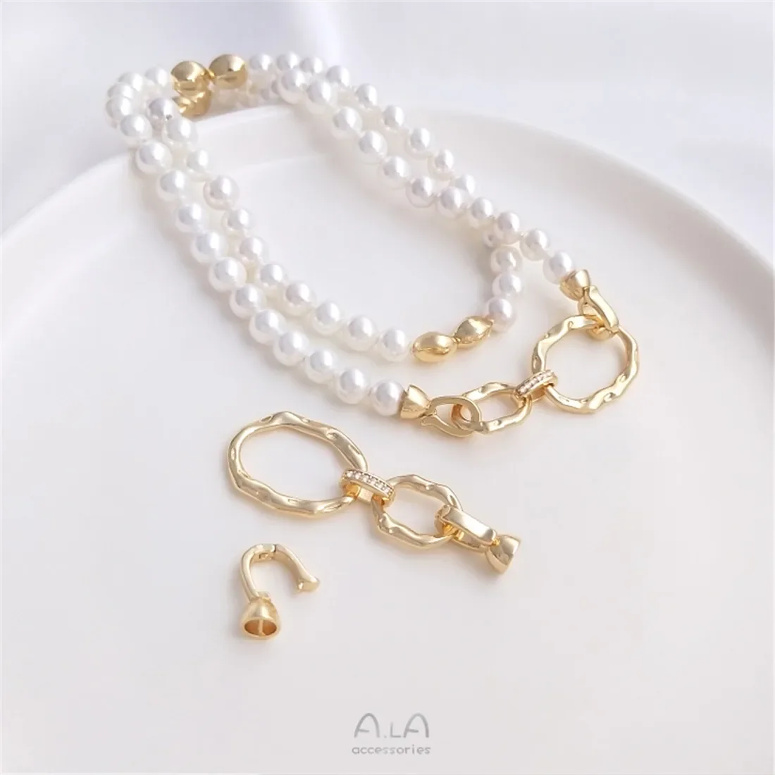 14K Gold Inlaid Zirconium Double Ring Pearl Necklace Single Ring Bracelet Handcrafted DIY Jewelry Connection Buckle Accessories