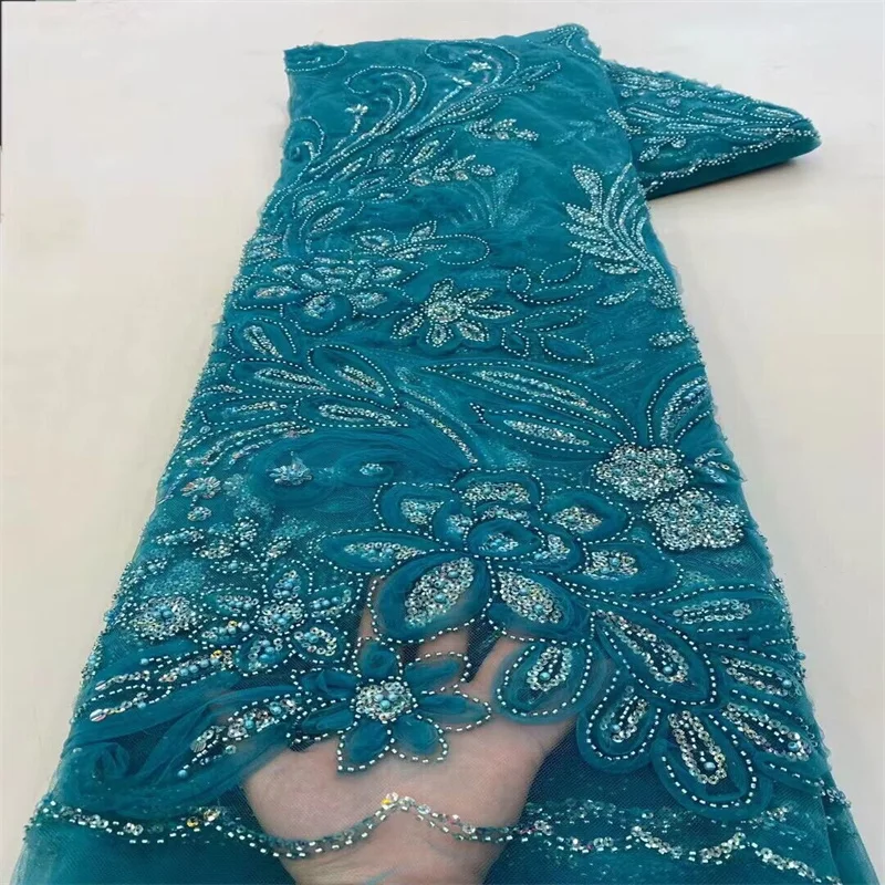 2024 Green High-End Luxury French Embroidery Groom Lace Fabric African Nigerian With Sequins Fabric For Wedding Dress  Blue