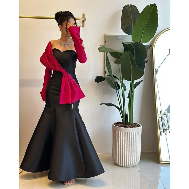 Black And Fuchsia Mermaid Prom Dresses Remove Sleeve Single Shoulder Formal Evening Gown Floor Length Bow Birthday Party Gowns