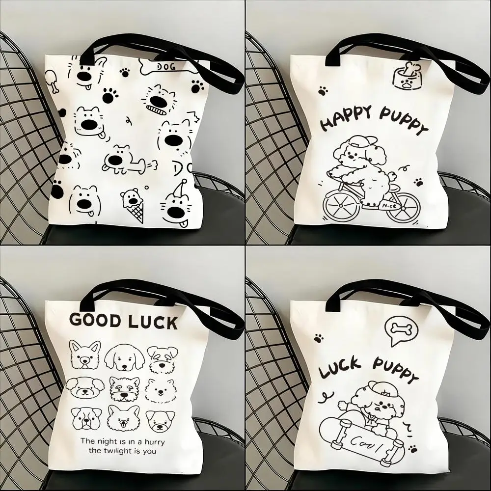 

ins puppy lines Storage Bags Lightweight Canvas Shoulder Shopper Fashionable Eco Multi Use Tote with Large Capacity