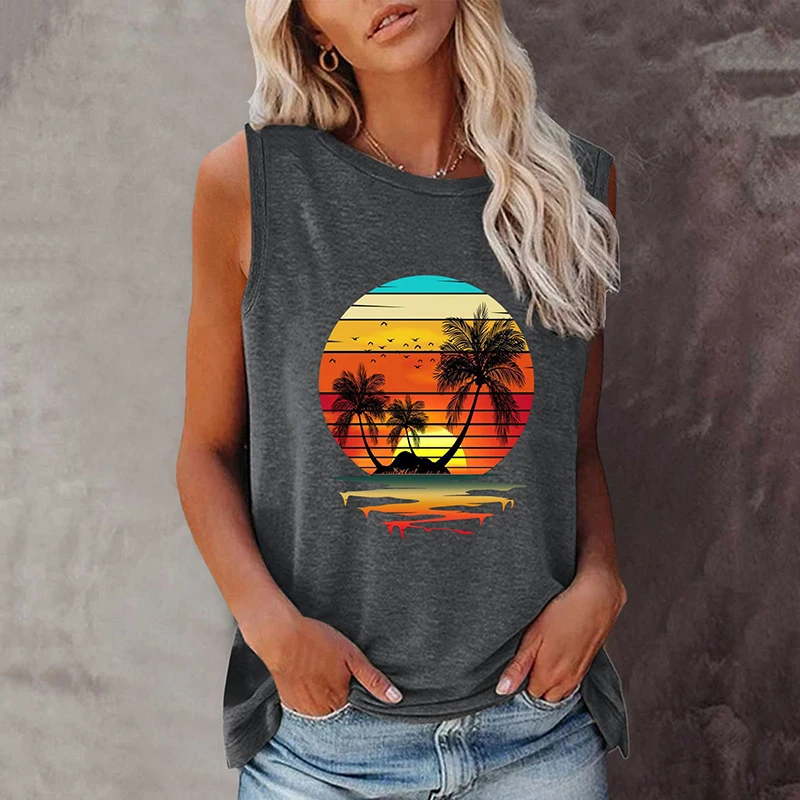 Summer Hawaii Coconut Tree 3D Print Tank Tops Women Streetwear Y2k Oversized Beach Vest Off Shoulder Sleeveless Woman Camisole