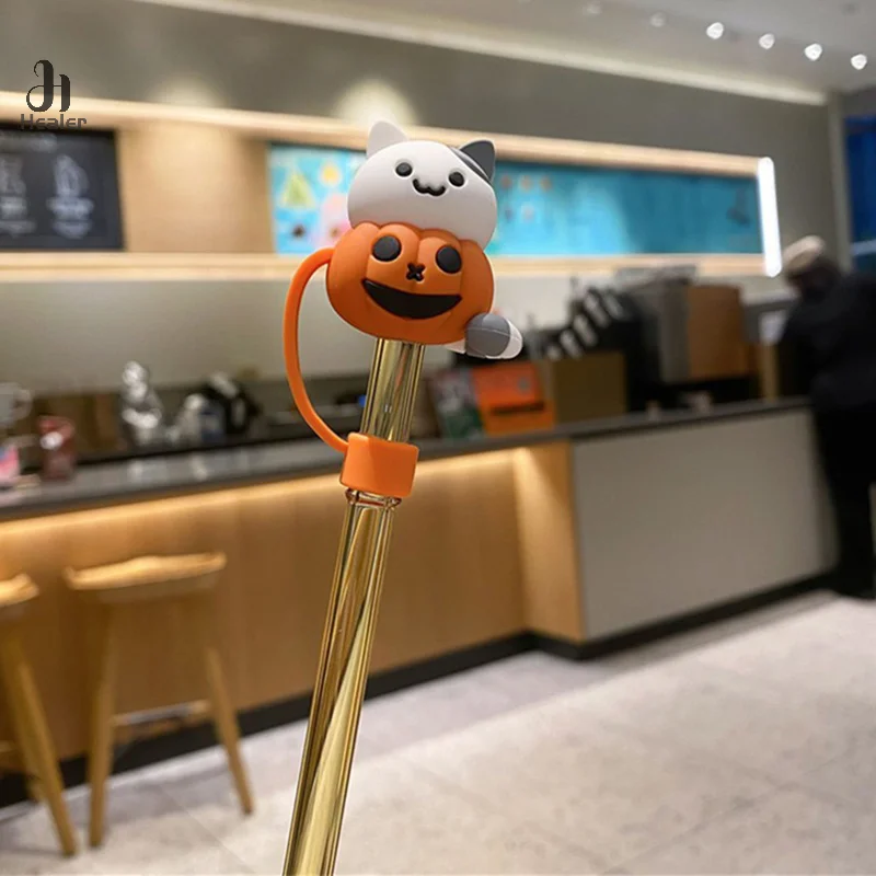 Cartoon Pumpkin Ghost Silicone Straw Covers For Cup Drinking Dust Cap Straw Tips Cover Halloween Party Cup Accessories