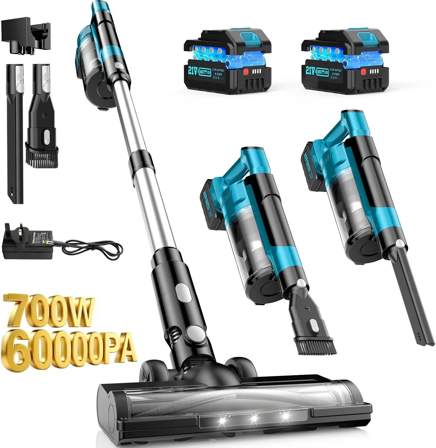 

700W Cordless Vacuum Cleaners for Home with 2*Battery 8000mAh,Brushless Rechargeable Stick Vacuum with 3 Mode, 6 in 1 Portable H
