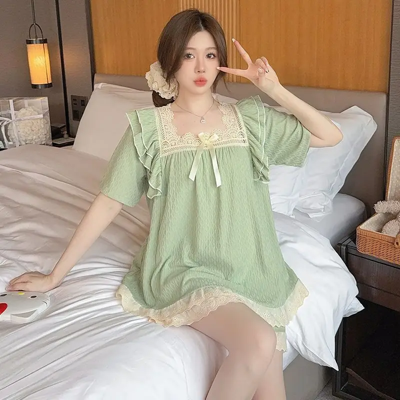 

Подарок для 5XL, женский пижамный комплект больших размеров, хлопковые ночные рубашки в корейском стиле, летний топ с короткими рукавами и шорты с рюшами, одежда для сна из 2 предметов