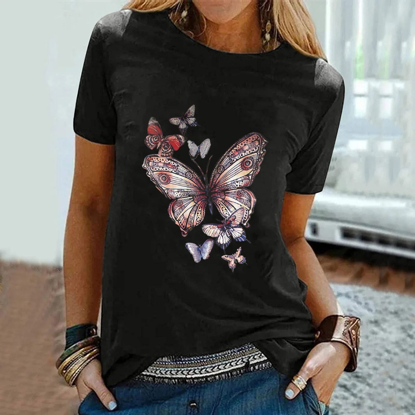 

Hot Selling Bottoming Shirt Butterfly Print Round Neck Short-sleeved Women's T-shirt Summer Fashion Commuting Casual Cloth