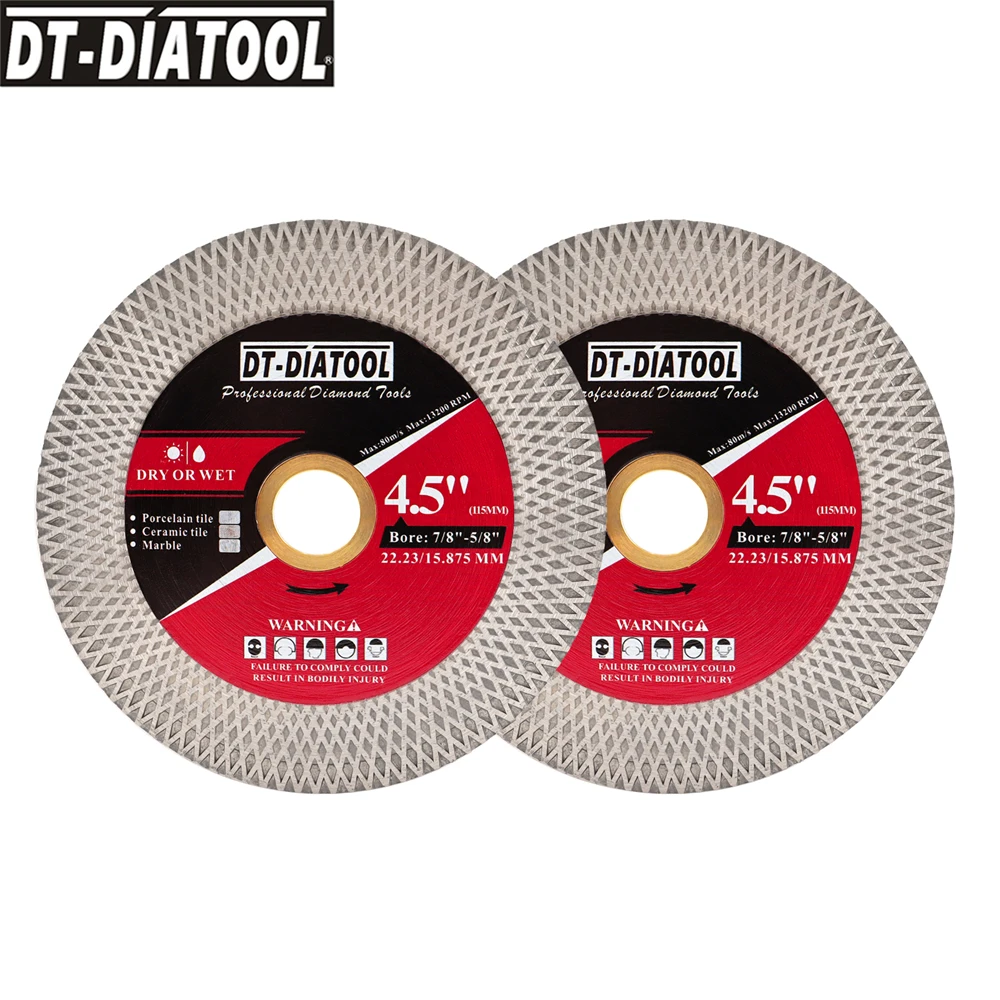 DT-DIATOOL 2 stuks Set 115mm Diamantdoorslijpschijf 4.5inch voor Keramische Tegels Porselein Marmer Grinder Wiel Arbor 22.23mm Zaagbladen