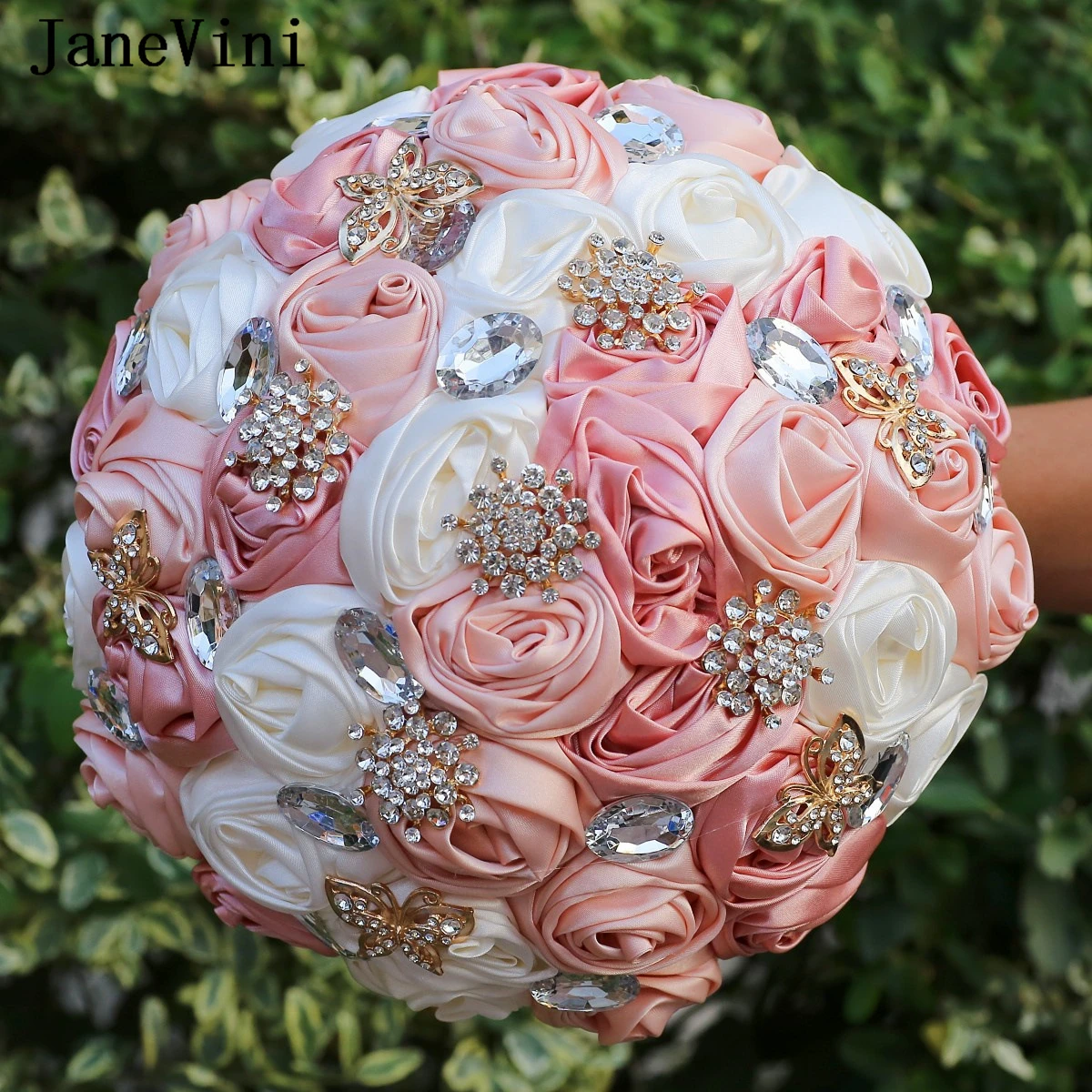 

JaneVini Light Pink Champagne Bridesmaid Bouquet Pearl Crystal Flower Wedding Bouquet Brooch Bridal Hand Flowers Deko Hochzeit