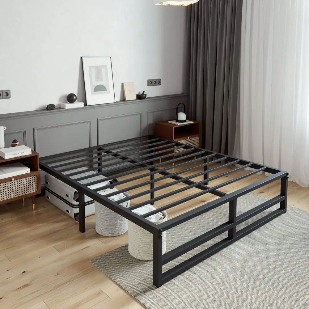 

Металлическая кровать TwinFullQueen King Size, 14 дюймов, усиленная конструкция, высокая платформа для хранения под кроватью, стальные ламели, выдерживают до 1 тонны.