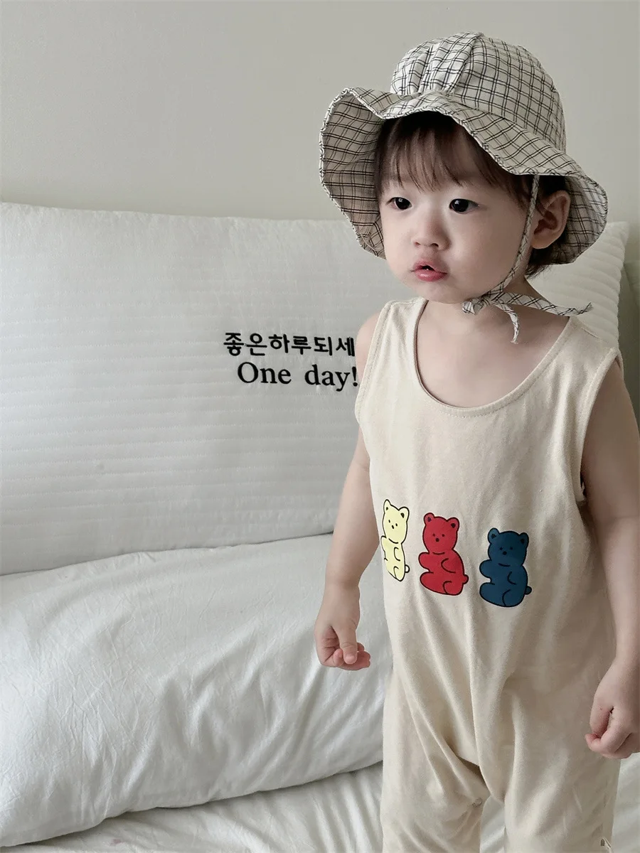 2025 Summer New Baby Sleeveless Romper Cute Bear Print Boy Girl Newborn Breathable Jumpsuit Infant Toddler Cotton Thin Clothes