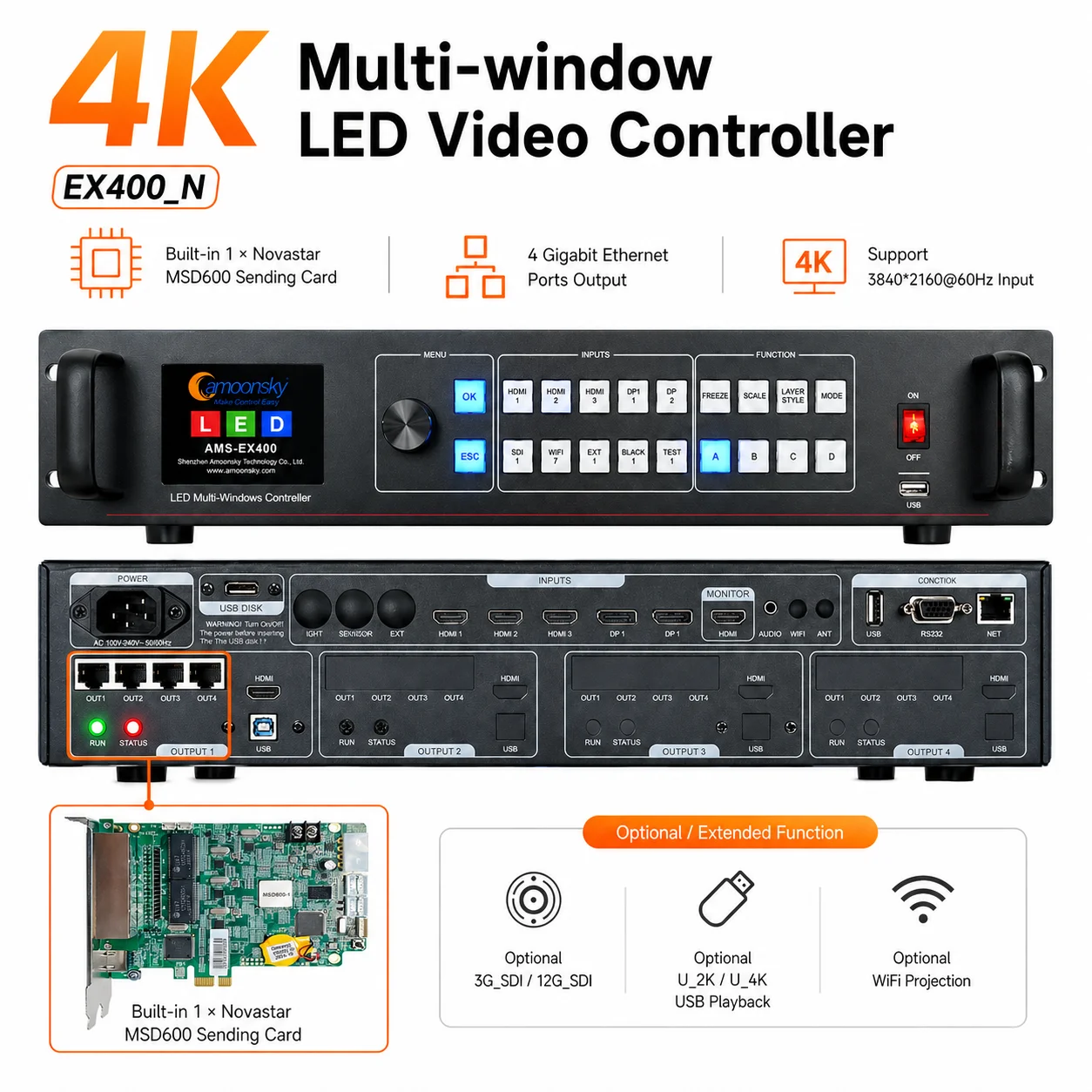 Full Color RGB Module Rental Screen Controller EX400 Similar to Novastar VX400 LED Display Screen Video Processor  for Events