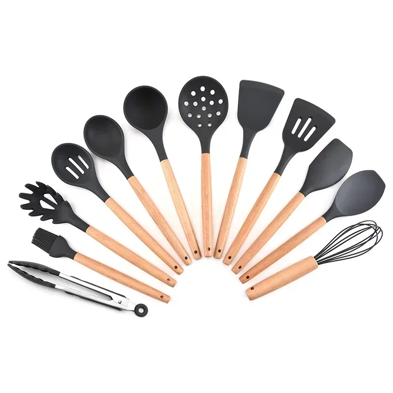 A Set Non-Stick Cooking Ladel High Temperature Resistant Wooden Handle Shovel Spoon Wooden Handle Kitchen Tools 11-Piece Set