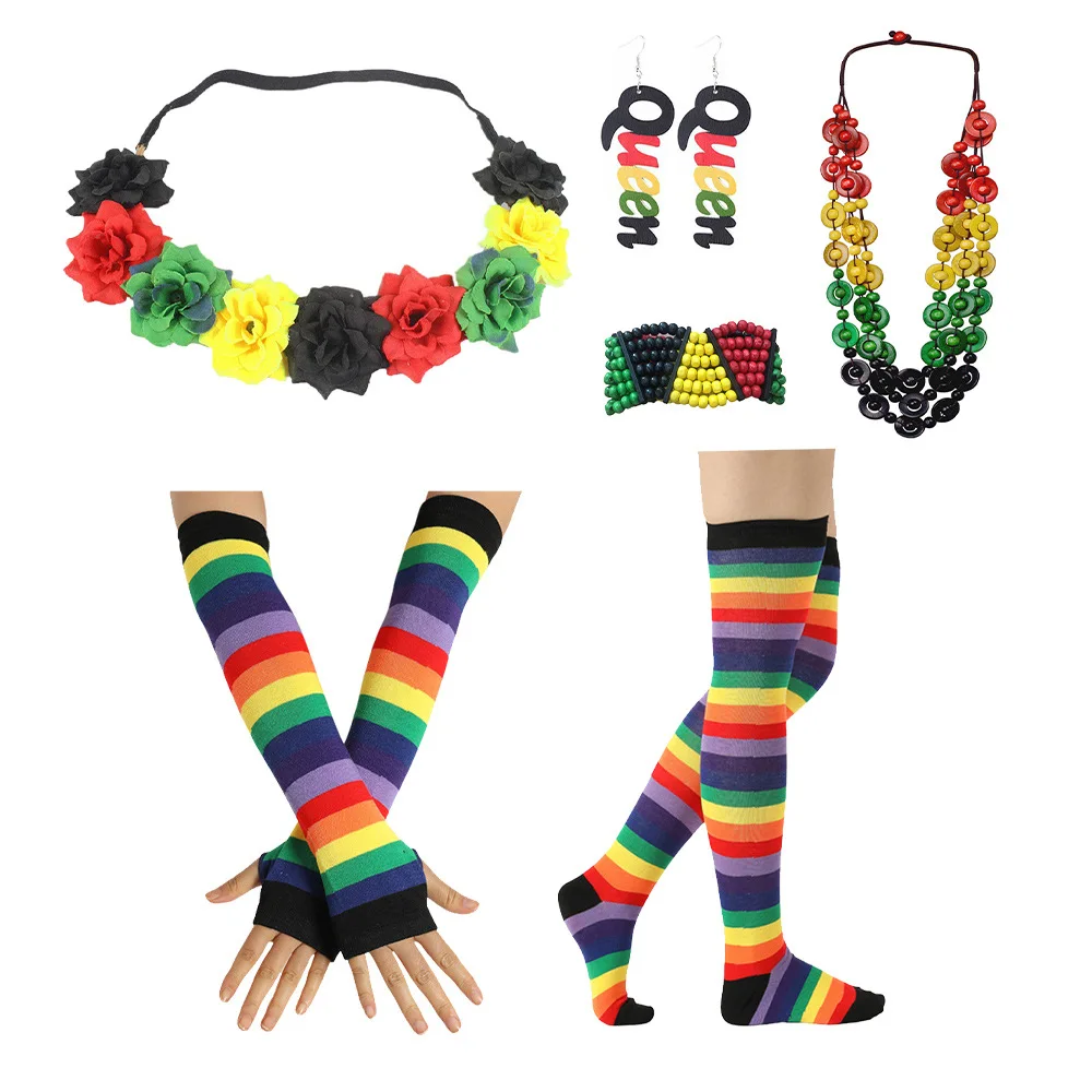 Festival Unisex Knit Braid Hat Jamaican Bob Rasta Beanie Hip Hop Cap Men Costume Retro Bracelet Necklace Clothing Glasses Set view 3