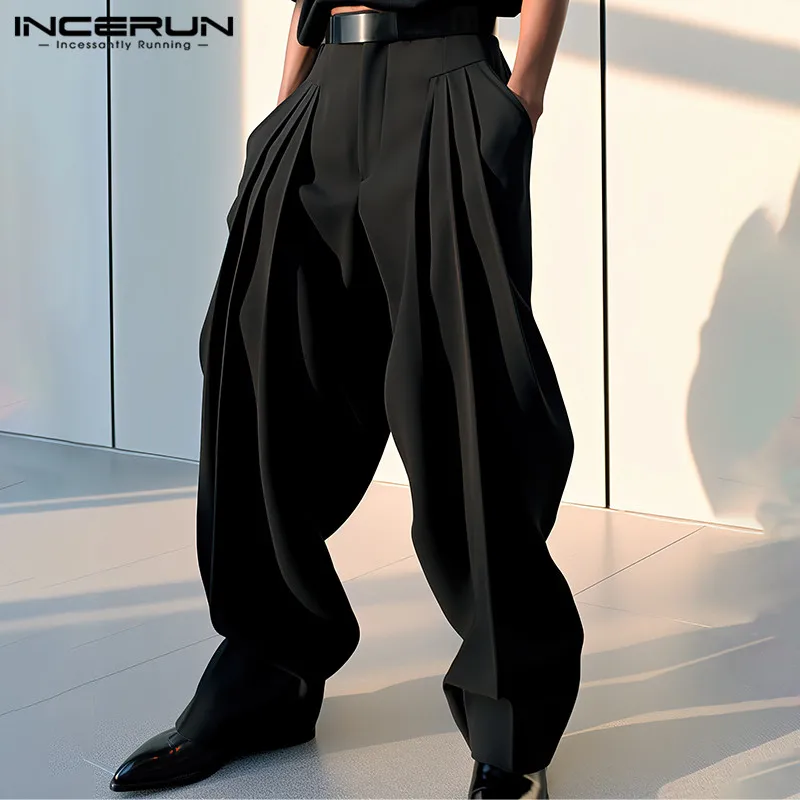 

INCERUN 2024 Korean Style Mens Pantalons Pleated Design Solid Simple Pants Casual Stylish Male All-match Hot Sale Trousers S-5XL