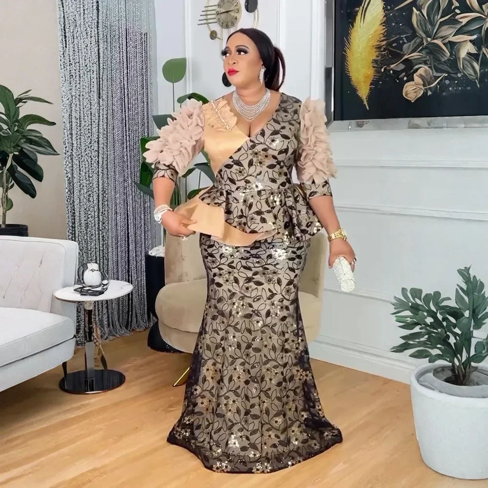 Gaun Pesta Afrika Ukuran Besar Berpayet untuk Wanita Dashiki Gaun Panjang Bodycon Seksi Gaun Malam Pernikahan Muslim Elegan