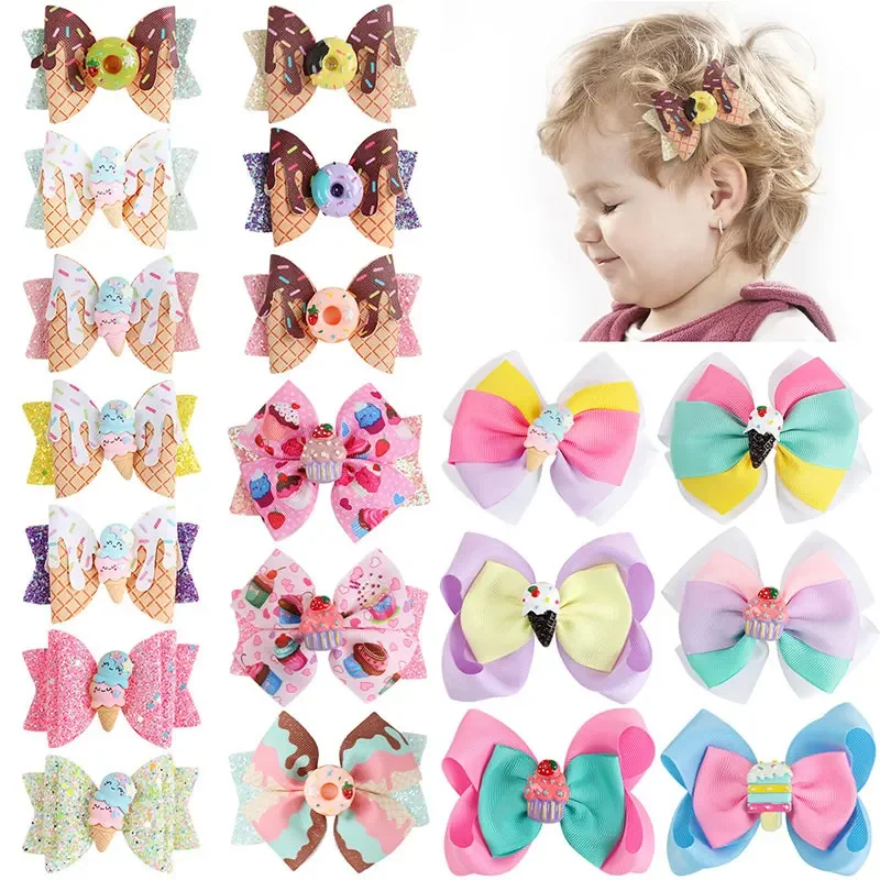 Sweet Ice Cream Hair Clips For Girls Glitter Bows Donut Hairpins Cartoon Daily School Barrettes Kids Headwear Hair Accessoires