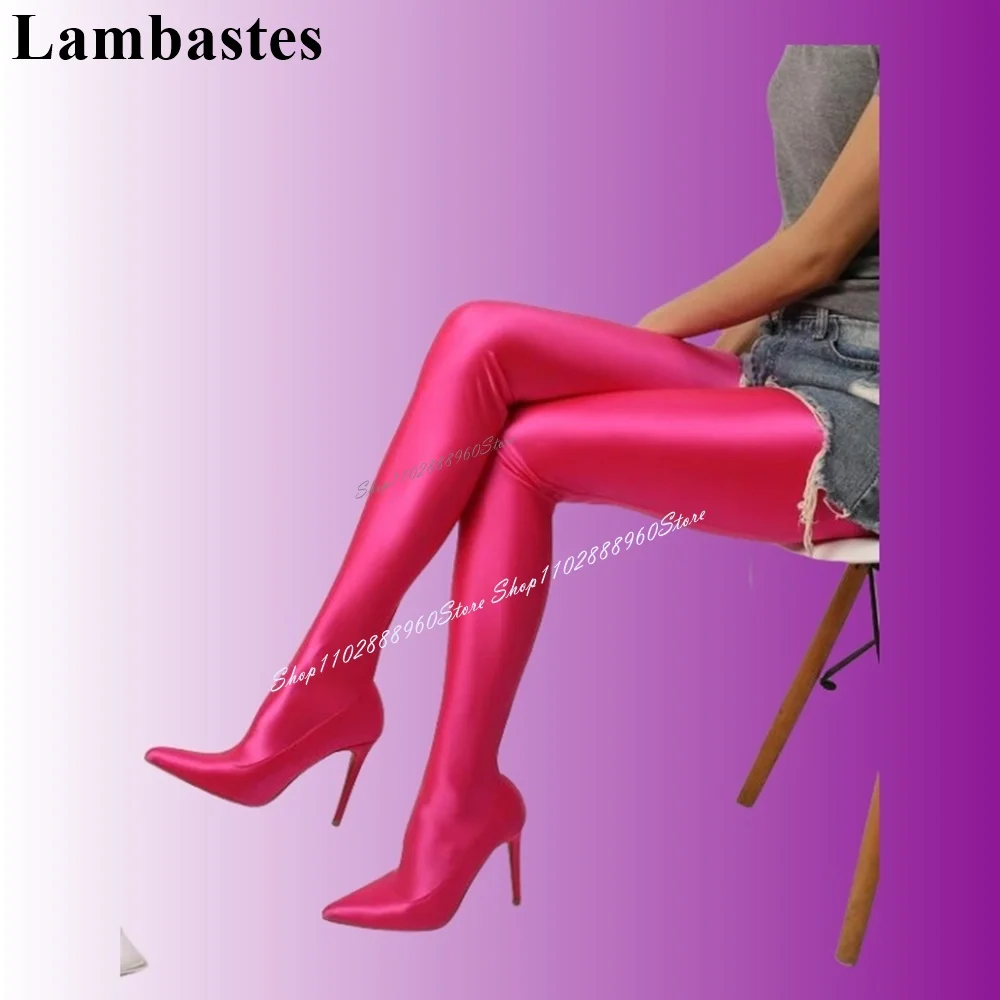 Western Style Rose Red Soft Elastic Slim Trouser Boots Stilettos High Heel Women Shoes Pointed Toe 2024 Sexy Zapatos Para Mujere