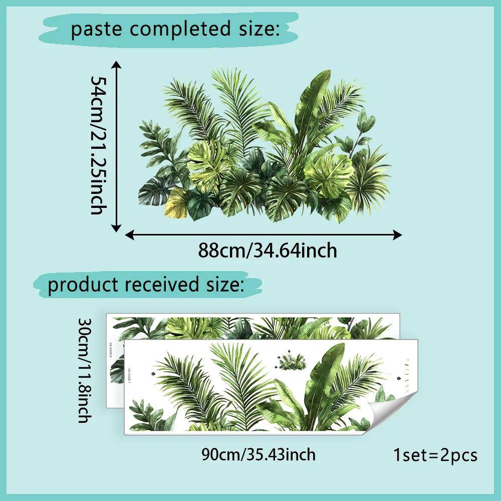 Watercolor Tropical Green Plants Wall Stickers, Removable Monstera Palm Leaf Decals, Peel and Stick Decor for Living Room view 6