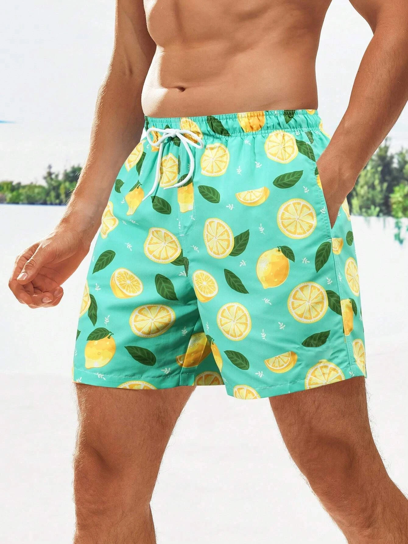 Short de plage à lacets en polyester imprimé citron et ananas 3D, vêtements de rue, séchage rapide, sports, surf, loisirs, été