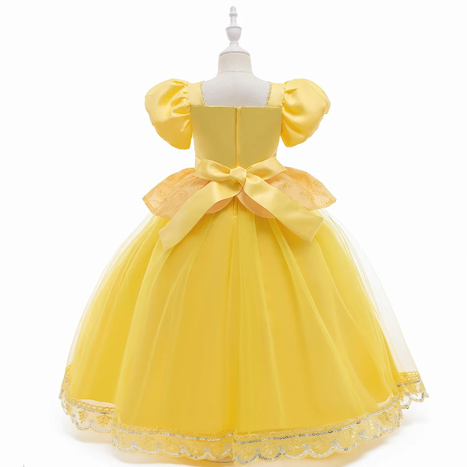 Disney Princess Belle Dress Girls Party Halloween Costume Children Christmas Birthday Flower Beauty and The Beast Fancy Disguise