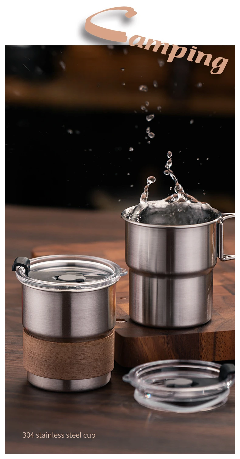 Camping water cup 304 stainless steel outdoor tableware stepped outdoor cup folding handle coffee cup