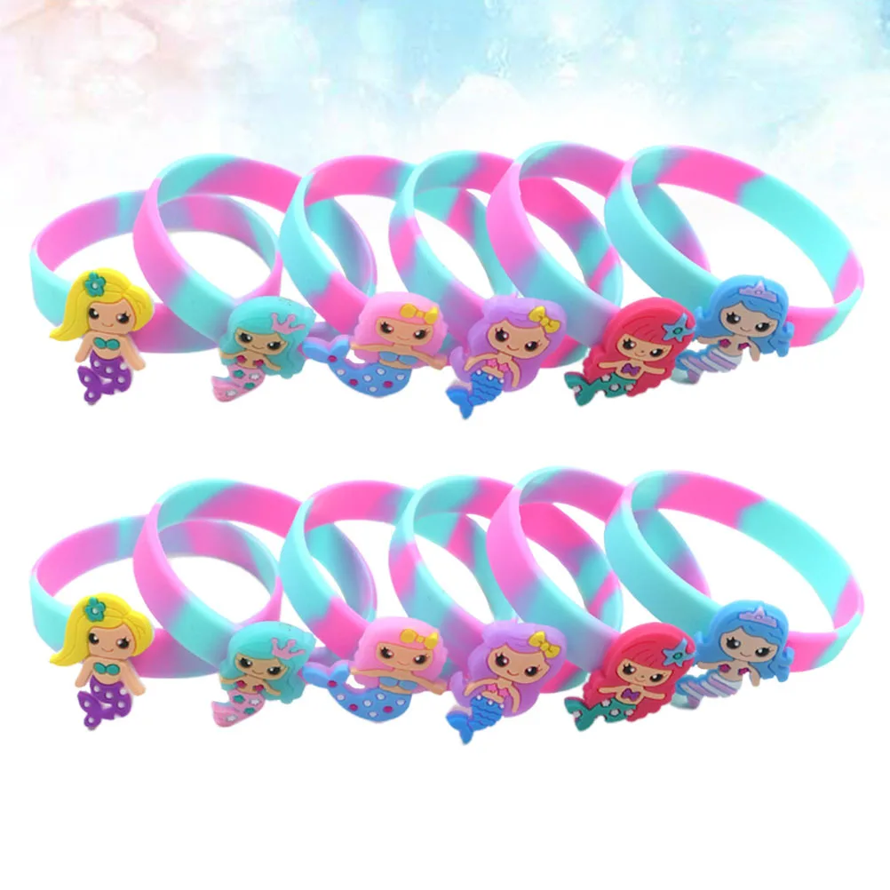 12 Uds. Pulseras coloridas para niños, pulseras de sirena de silicona, suaves, ecológicas, elásticas, impermeables para recuerdo de fiesta infantil