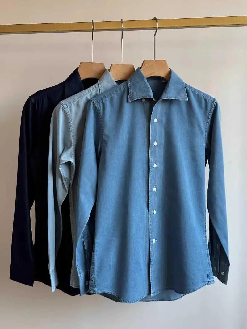 

Waed Denim Slim Fit irt Men's Faion Busin Sli Gentleman Single Collar Autumn New Sle Chinese Brand Tagkita