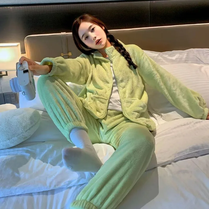 

Solid Color Zipper Pajamas Spring Autumn Regular Models Can Be Worn Outside Windproof Loungewear Two-piece Coral Fleece Sweater