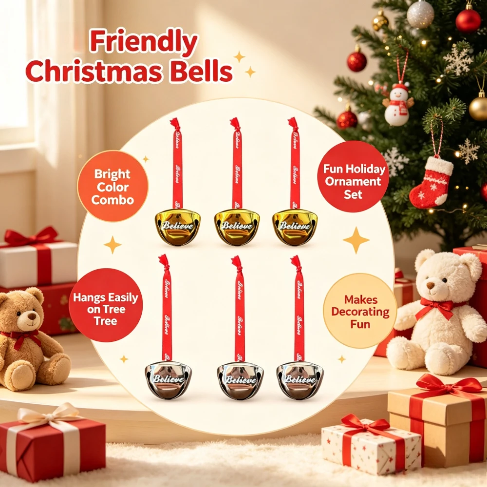 Adornos navideños metálicos con forma de campana, juego de 6 piezas. | Colgantes con letras "Believe" en oro y plata con cinta roja — Decoración festiva para colgar en el árbol y adornos para el hogar en temporada de fiestas