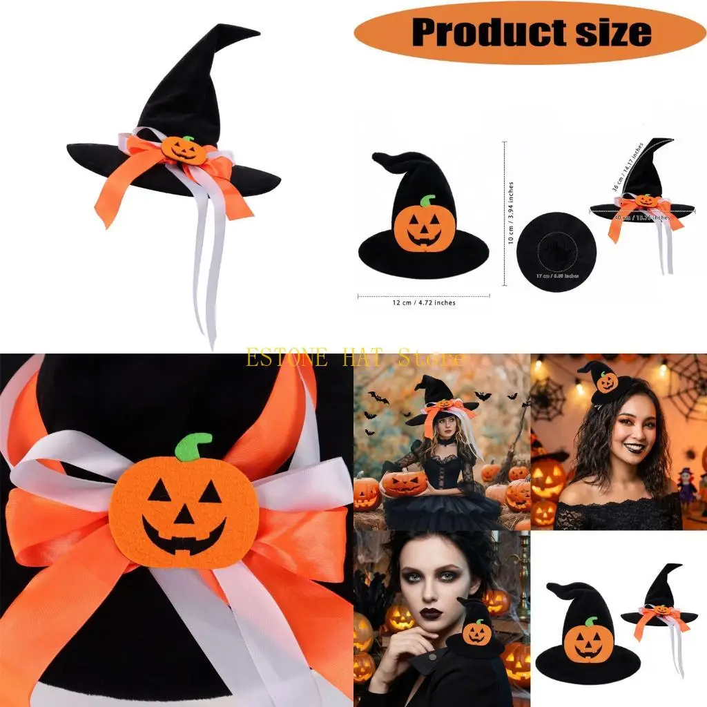49MF Pointed Witch Hat Roleplay Headpiece with Pumpkin Decors Halloween Party Hair Clip for Costume Photoshoots and Cosplay