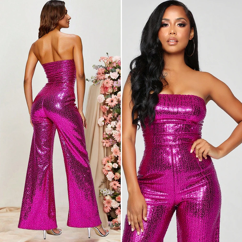 

Женский осенний комбинезон без бретелек, корсет с расклешенным подолом и блестками, металлический электрический розовый комбинезон премиум-класса для вечеринок