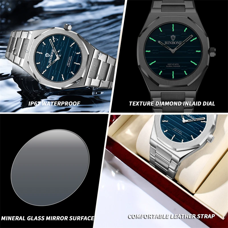 BINBOND Men Watch Light Luxury Brand Stainless Steel Men\'s octagon Waterproof Male Business Leisure Fashion Quartz Clock Watches