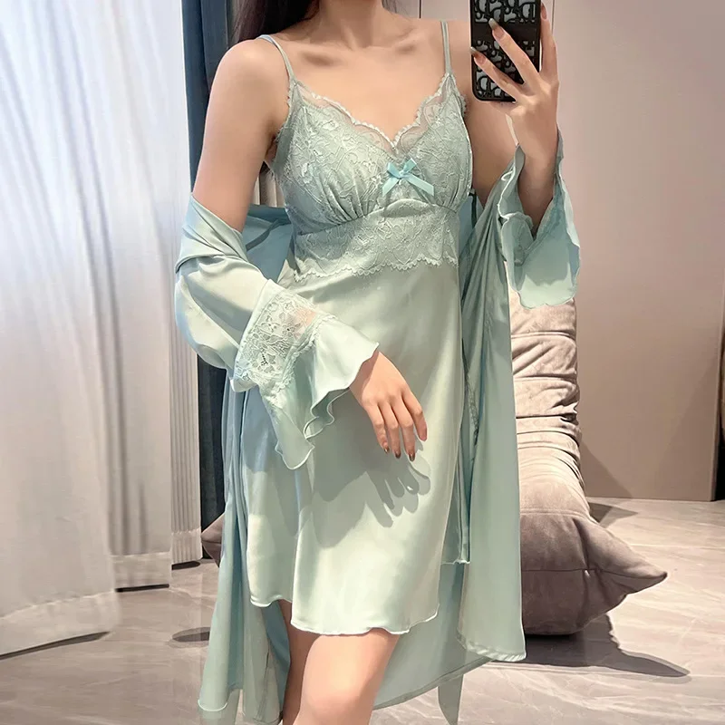 Twinset Bathrobe Suit Summer Women Silky Satin Nightgown Robe Set Lace Loungewear Kimono Gown Nightwear Sleepwear Homedress